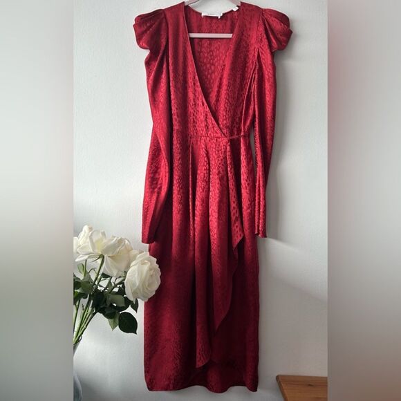 A.L.C. Carolina Puff Shoulder Silk Jacquard Dress in red - Picture 2 of 12